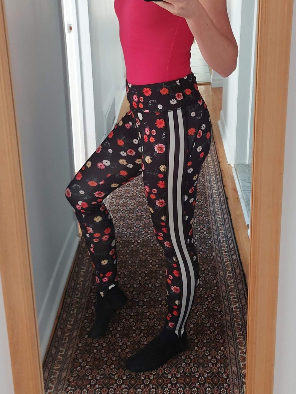 Girls' Black Floral Active Leggings with Side Stripes